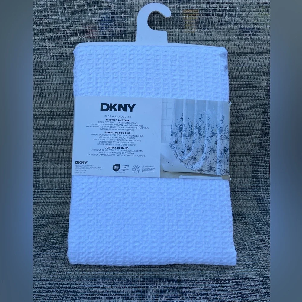 DKNY Floral Silhouette Waffle White Blue Cotton Fabric Shower Curtain 72